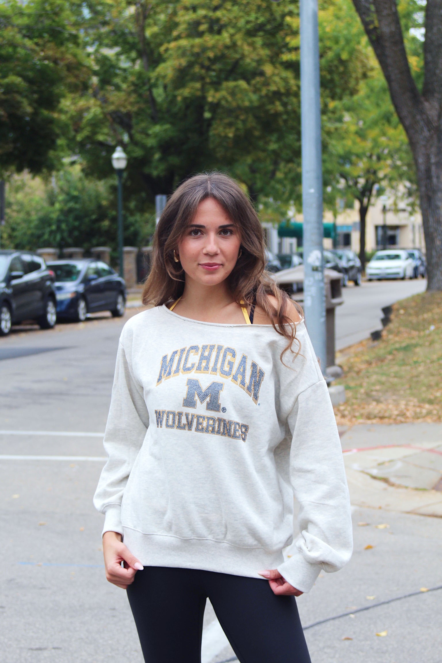 Michigan Rhinestone Off Shoulder Crew