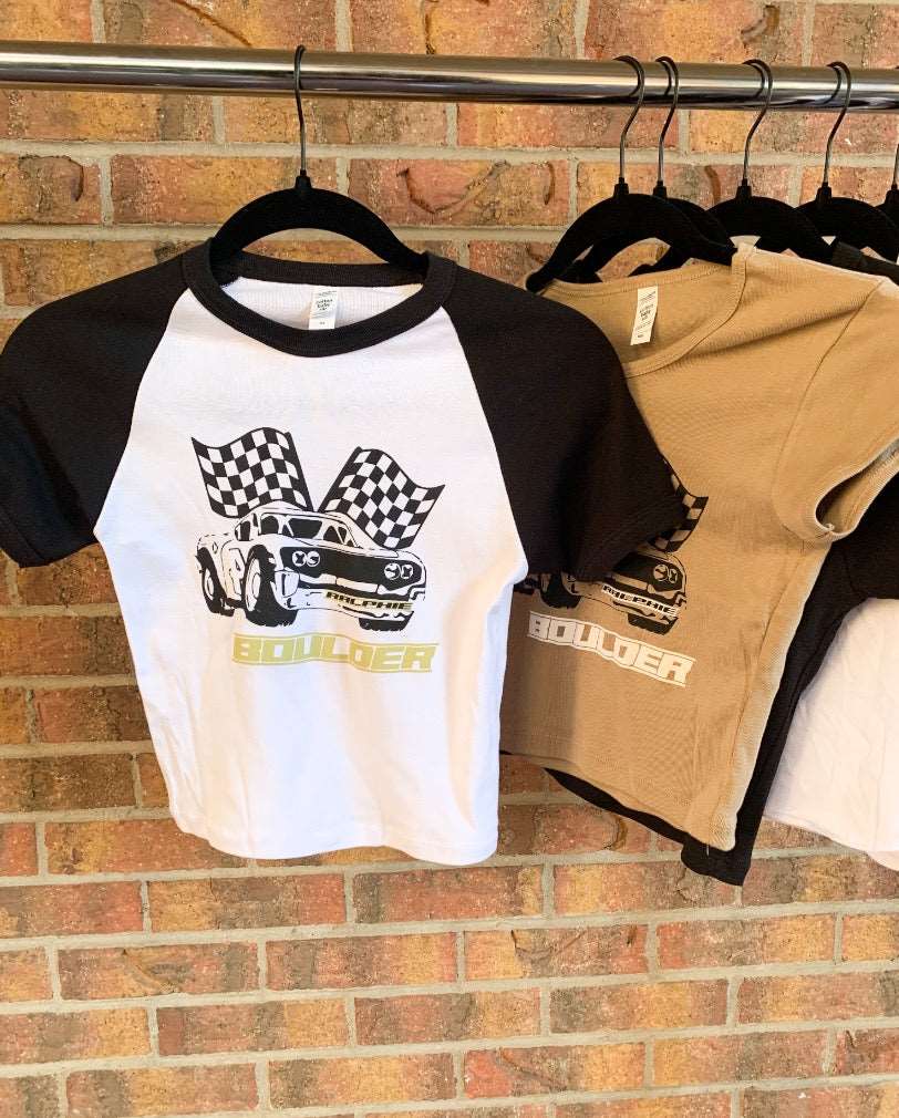 Boulder Race Car Baseball Tee